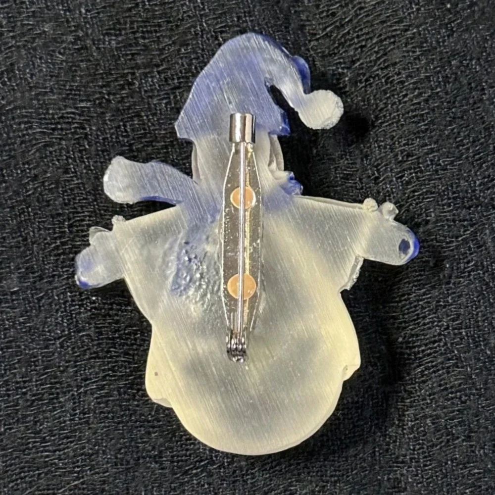 Snowman Brooch Pin Clear Acrylic Blue Hat Glitter Holiday Winter